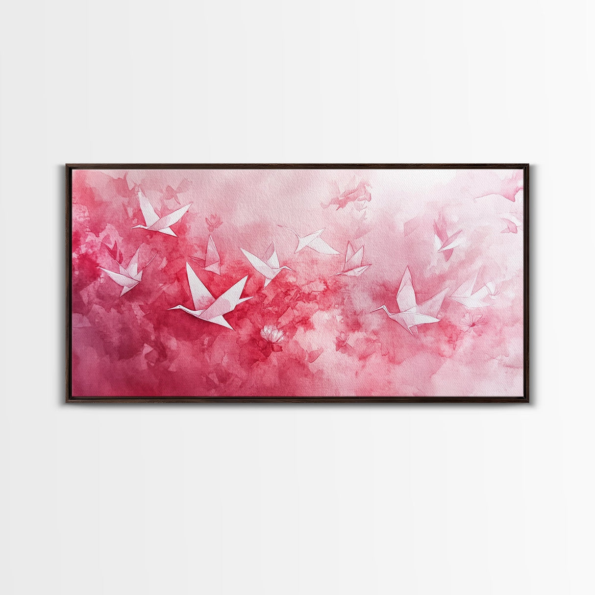Origami Crane Flight Framed Canvas Print Featuring Pink Wall Art Whimsical Art Long Narrow Wall Art Minimalist Rustic Living Room Decor