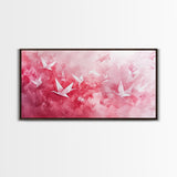 Origami Crane Flight Framed Canvas Print Featuring Pink Wall Art Whimsical Art Long Narrow Wall Art Minimalist Rustic Living Room Decor