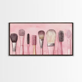 Makeup Brush Art Framed Canvas Print, Light Pink Chinoiserie Wall Art Whimsical Decor, Minimalist Art Rustic Wall Gift Idea