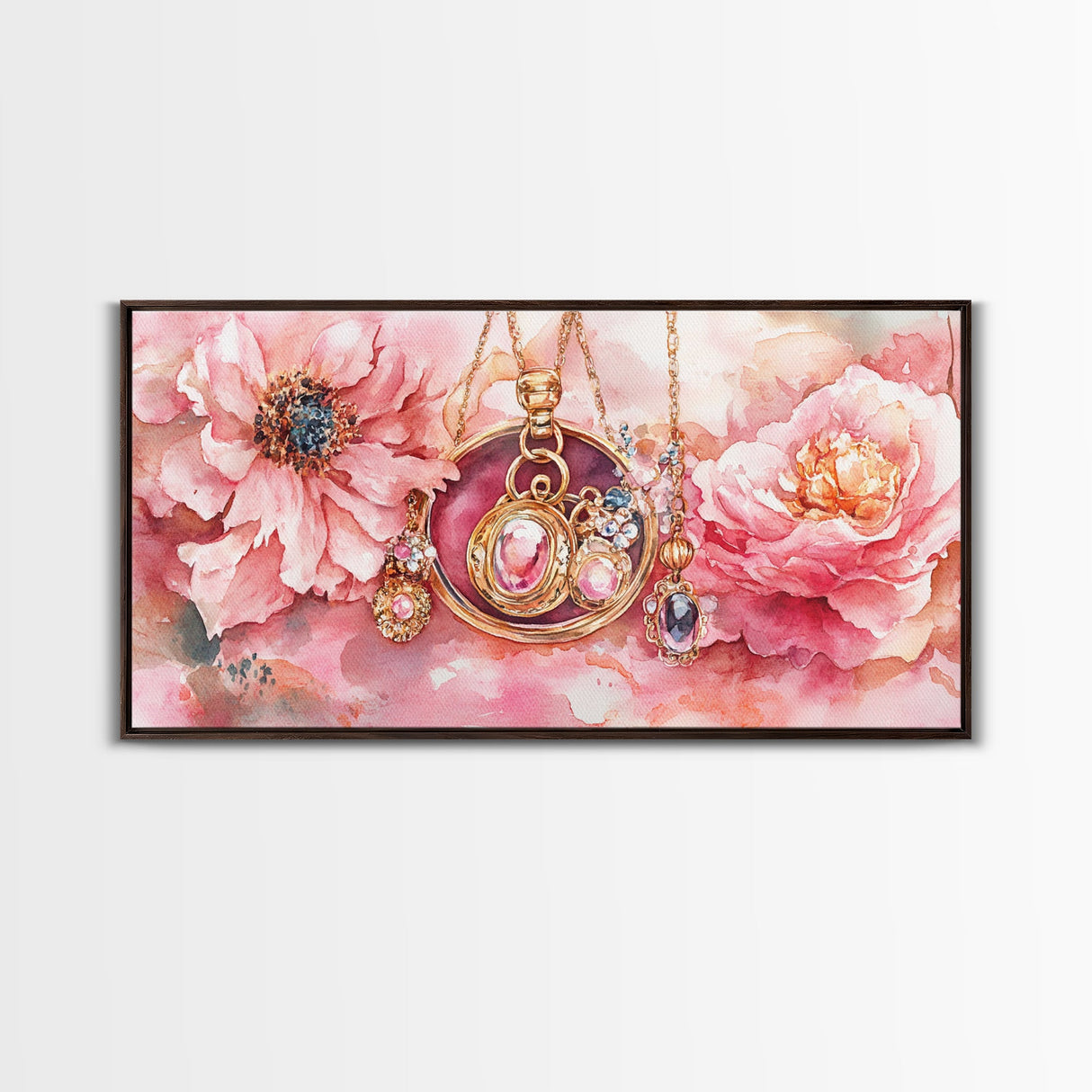 Pink Gemstone Jewelry Canvas Print, Feminine Elegant Artwork, Glamorous Rose Painting, Living Room Wall Art, Unique Decorative Gift