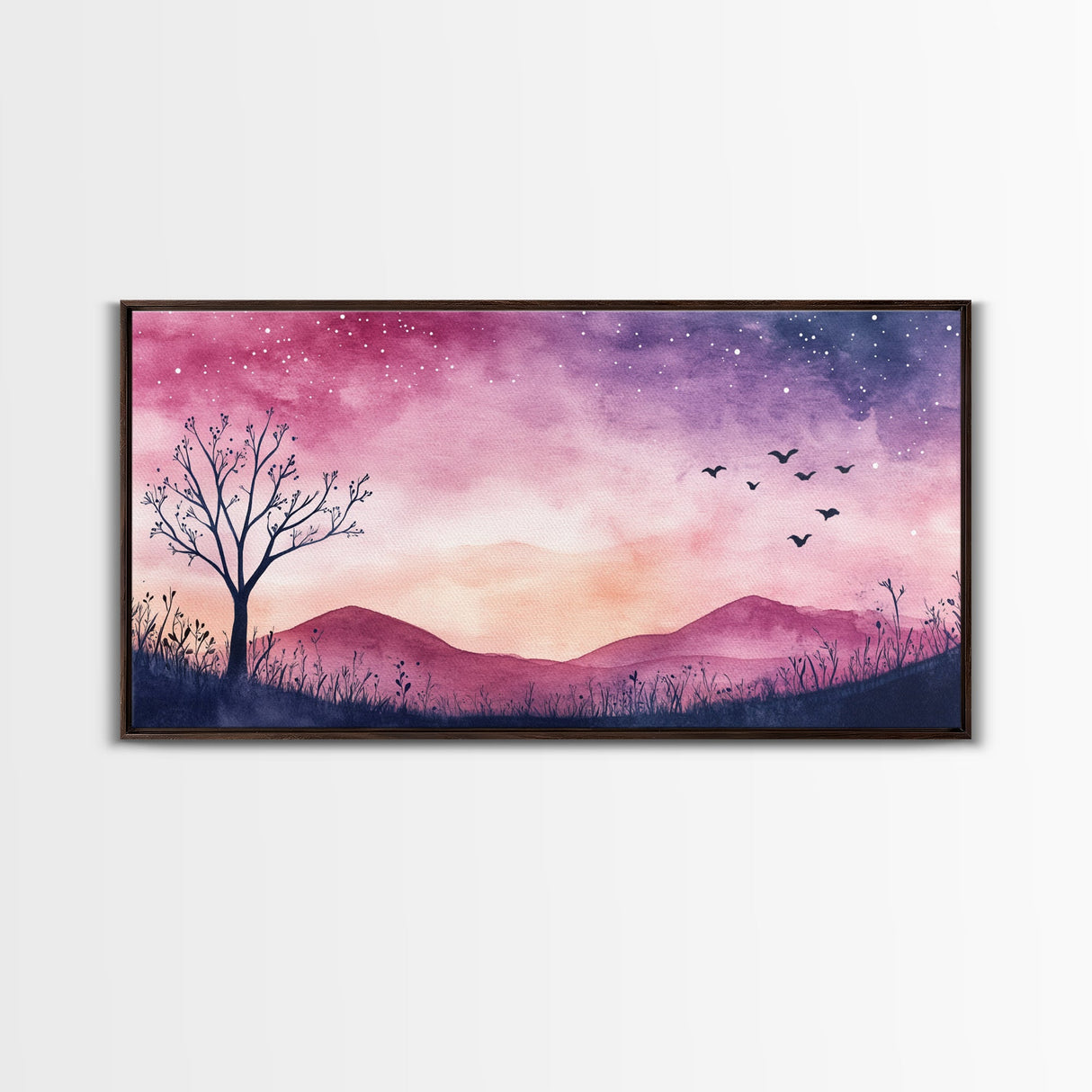 Twilight Meadow Framed Canvas Print, Whimsical Starry Night Art, Moody Nature Painting, Dreamy Purple Landscape, Wall Decor Gift Idea