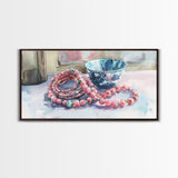 Beaded Necklace Canvas Print | Whimsical Boho Jewelry Wall Art | Pink and Blue Pastel Artwork | Feminine Room Decor | Gift Idea for Her