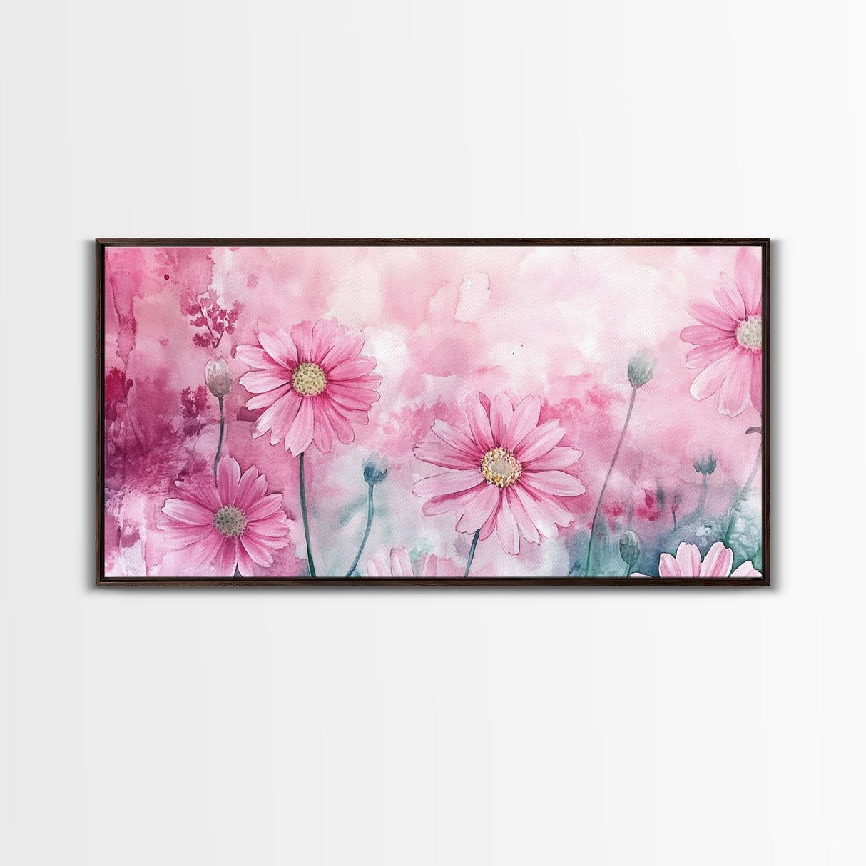 Wildflower Painting Canvas Print, Vibrant Daisy Wall Art with Light Pink Abstract Background, Whimsical Art for Bedroom Decor