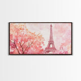 Eiffel Tower Cherry Blossom Canvas Print - Light Pink Wall Art Paris Landscape Romantic Living Room Art Bedroom Rustic Decor