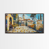 Mediterranean Village Mosaic Framed Canvas Print - Vibrant Coastal Landscape Art - Nautical Decor Living Room Rustic Wall Art