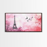 Eiffel Tower and Birds Canvas Print, Parisian Skyline Painting, Romantic Pink Wall Art, Whimsical French Decor, Guest Room Art