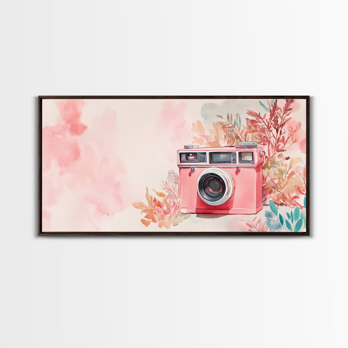 Vintage Camera Painting Framed Canvas Print Pink Wall Art Whimsical Art Living Room Art Light Pink Wall Art Unique Gift Idea