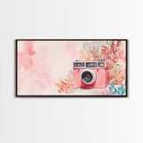 Vintage Camera Painting Framed Canvas Print Pink Wall Art Whimsical Art Living Room Art Light Pink Wall Art Unique Gift Idea