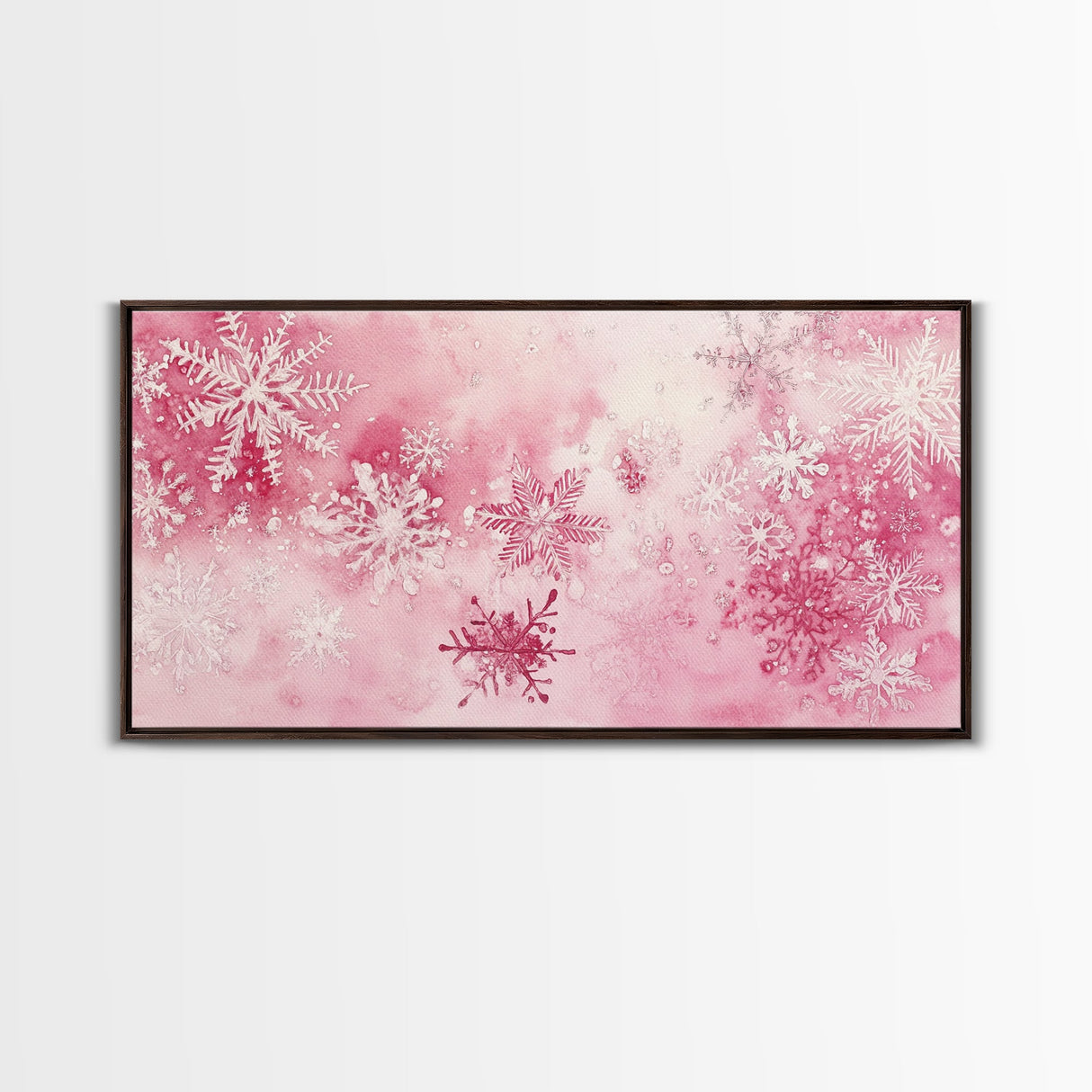 Winter Snowflake Motif with Pink Christmas Wall Art Aesthetic on Framed Canvas Print, Holiday Living Room or Bedroom Decor