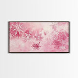 Winter Snowflake Motif with Pink Christmas Wall Art Aesthetic on Framed Canvas Print, Holiday Living Room or Bedroom Decor