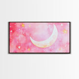 Crescent Moon and Stars Design in Pink Wall Art Style on Framed Canvas Print, Nursery or Bedroom Light Pink Whimsical Art