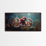 Vibrant Octopus Art Framed Canvas Print, Ocean Wildlife Wall Decor, Rustic Nautical Art, Marine Life Painting, Underwater Sea Art