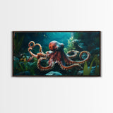 Majestic Octopus Framed Canvas Print, Coastal Decor Wall Art, Marine Wildlife Painting, Ocean Life Nautical Theme, Rustic Home Art