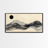 Abstract Mountain Landscape Framed Canvas Print, Wabi Sabi Wall Art Minimalist Decor, Rustic Line Art Idea Bedroom Artwork Vertical Design