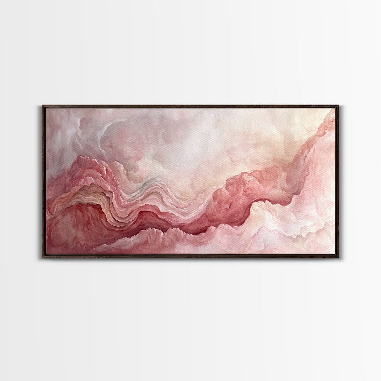 Pink Geode Framed Canvas Print, Light Pink Wall Art Above Bed Decor, Moody Abstract Artwork Gift Idea Minimalist Panoramic Painting