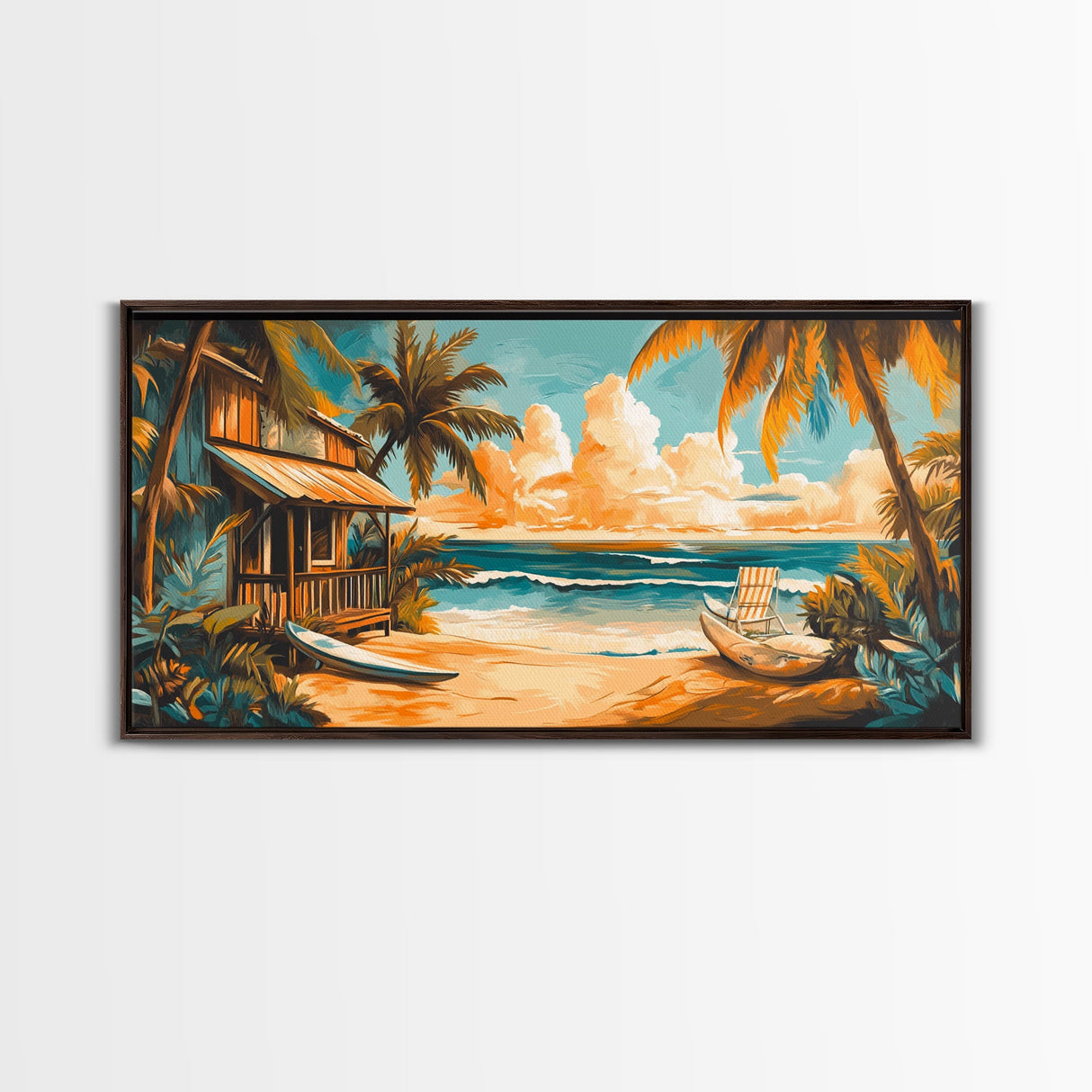 Sunset Surf Shack Canvas Print Nautical Wall Art Coastal Painting Rustic Decor Tropical Landscape Art Extra Wide Art Bedroom Art