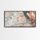 Dreamy Floral Goddess Framed Canvas Print with Light Pink Wall Art and Rose Painting Stunning Bedroom or Living Room Accent