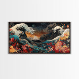 Ocean Waves Framed Canvas Print, Japanese Inspired Coastal Wall Art, Nautical Decor, Coastal Landscape Art, Extra Wide Panoramic Art