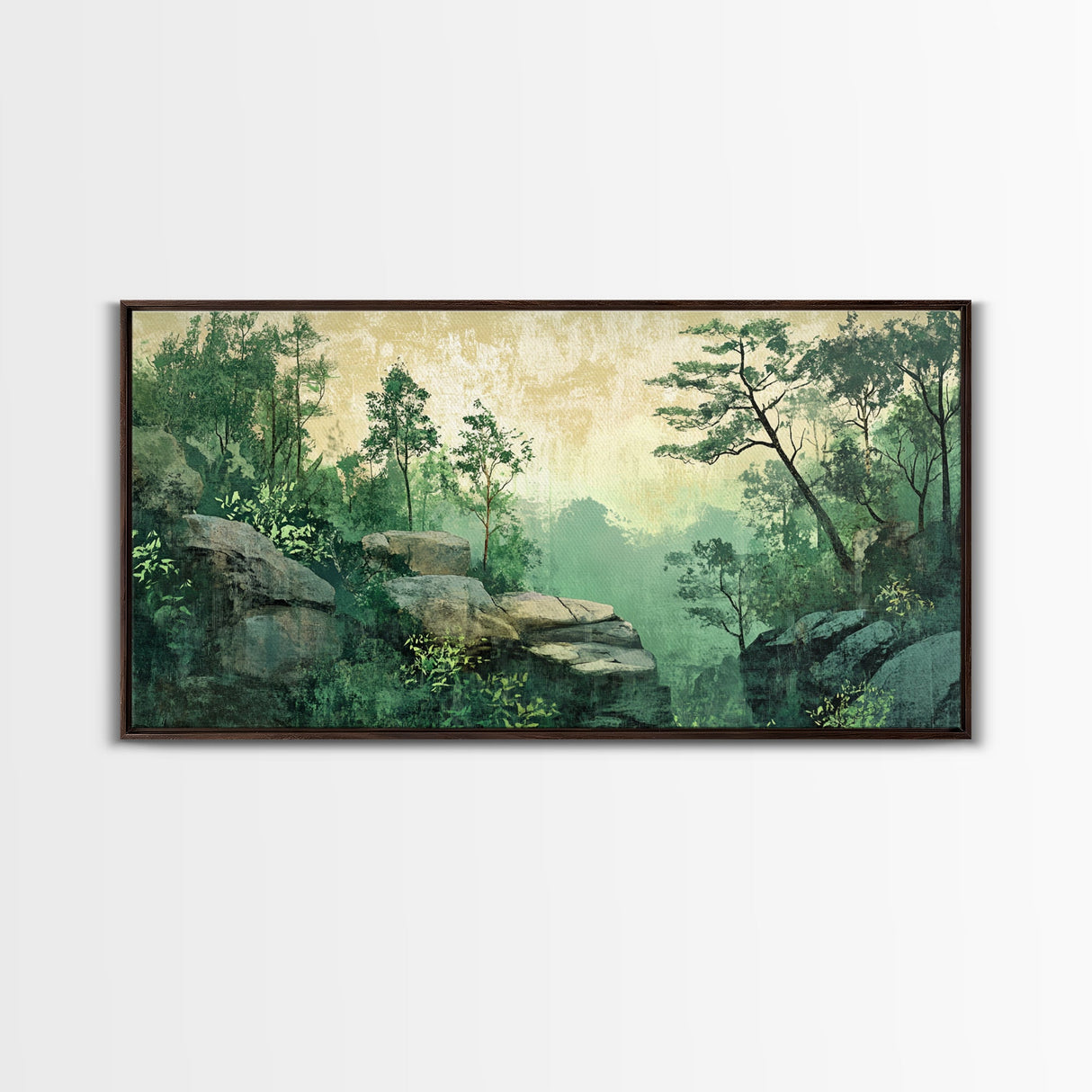 Green Forest Serenity Framed Canvas Print with Mountain Landscape Art and Sage Green Wall Art Perfect Living Room Rustic Decor