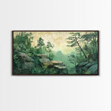 Green Forest Serenity Framed Canvas Print with Mountain Landscape Art and Sage Green Wall Art Perfect Living Room Rustic Decor
