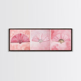 Trio of Elegant Fans Canvas Print, Minimalist Boho Pink Artwork, Oriental Fan Wall Art for Bedroom, Light Pastel Wall Decor Idea