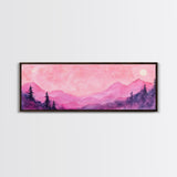 Mountain Landscape Art Framed Canvas Print in Light Pink Hues with Starry Sky, Bedroom or Living Room Artwork, Rustic Decor Painting