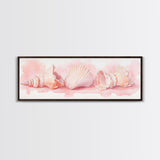 Shell Painting Framed Canvas Print Featuring Coastal Shells in Pastel Pink, Nautical Decor Idea, Horizontal Coastal Artwork