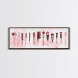 Framed Canvas Print of Makeup Brushes and Combs in Pink Ideal Gift Idea with Whimsical Art for Vanity or Beauty Room Wall Decor