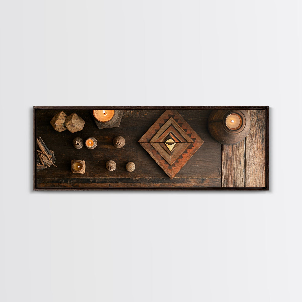 Wabi Sabi Framed Canvas Print Wooden Geometric Art Sacred Geometry Modern Rustic Decor Living Room Unique Gift Idea