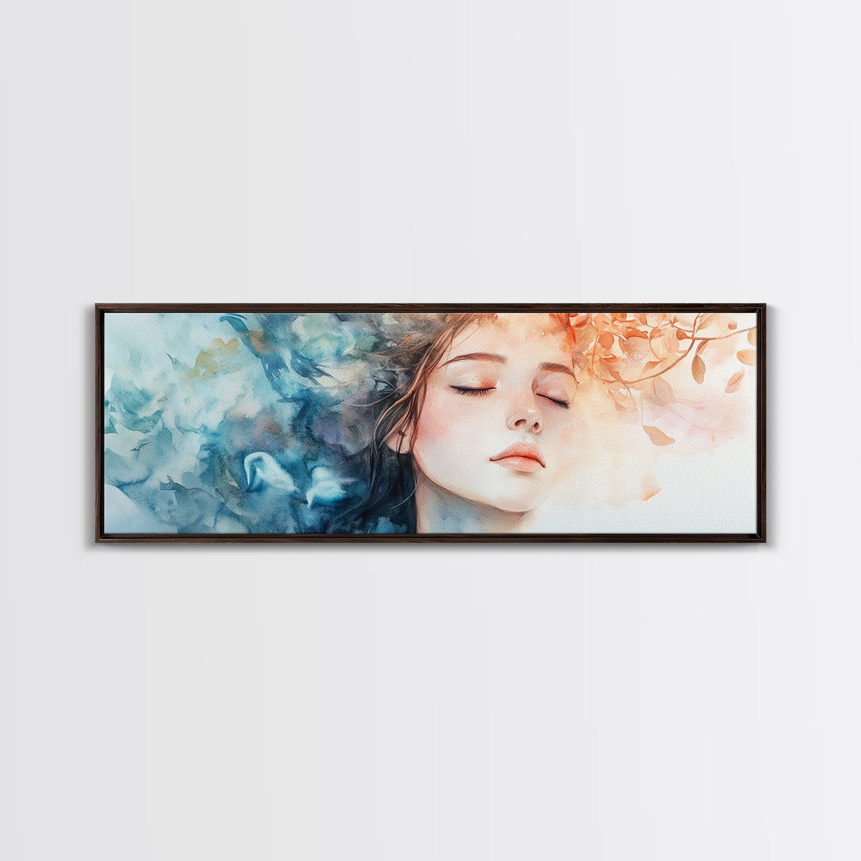 Moody Woman Portrait Framed Canvas Print - Abstract Cherry Blossom Painting, Fall Bedroom Art, Minimalist Wall Decor, Gift Idea For Her