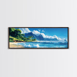 Tropical Paradise Beach Framed Canvas Print - Panoramic Hawaii Coastal Painting, Nautical Wall Art, Ocean View Living Room Wall Decor