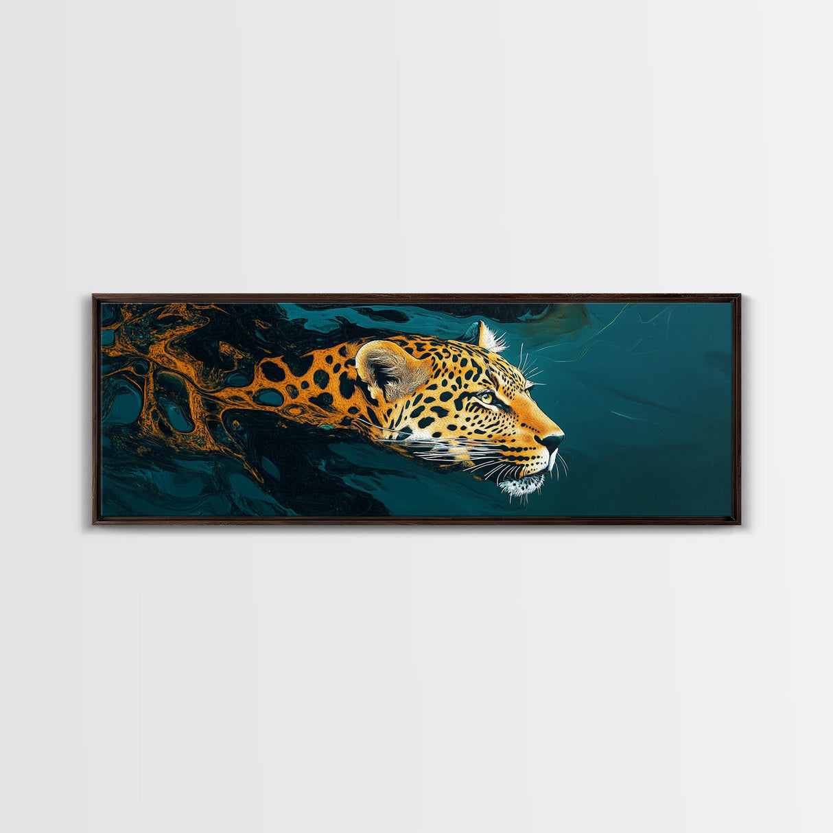 Leopard In Motion Framed Canvas Print - Abstract Jungle Painting, Teal And Orange Wildcat Art, Modern Safari Wall Decor, Bedroom Accent