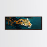 Leopard In Motion Framed Canvas Print - Abstract Jungle Painting, Teal And Orange Wildcat Art, Modern Safari Wall Decor, Bedroom Accent