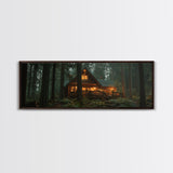 Warm Forest Cabin Framed Canvas Print, Rustic Decor Wall Art, Cozy Woodland Scene Painting, Moody Autumn Landscape, Living Room Art Piece