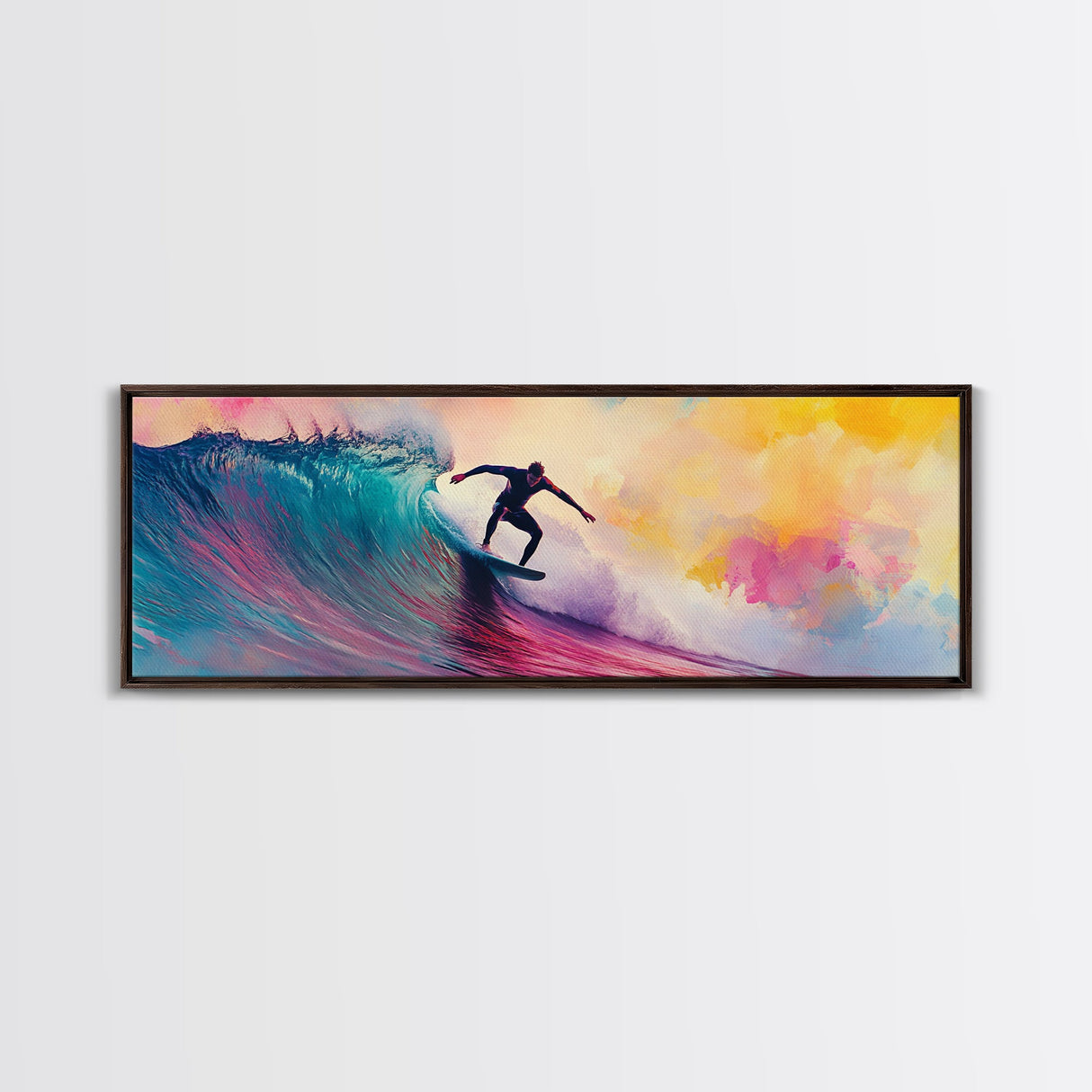 Framed Canvas Print of Vibrant Surf Wall Art with Pink Orange Waves, Coastal Decor, Nautical Painting, Gift Idea, Above Sofa Art