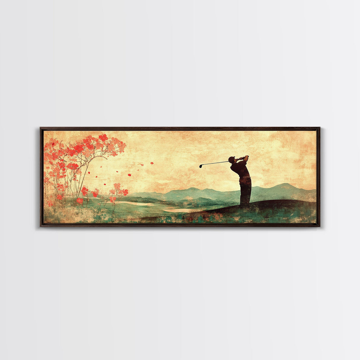 Golf Swing Elegance Framed Canvas Print – Rustic Decor, Golf Art, Panoramic Painting, Horizontal Wall Art, Gift Idea For Him