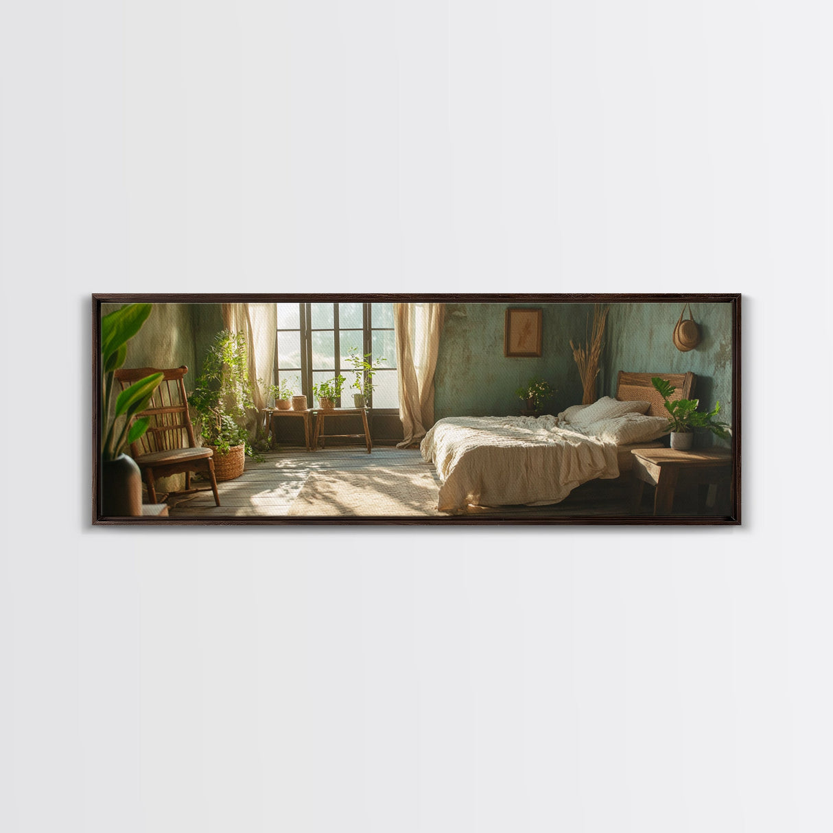 Minimalist Bedroom Serenity Framed Canvas Print, Wabi Sabi Botanical Art, Rustic Farmhouse Bedroom Decor, Light Filled Sage Green Artwork