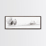 Rustic Farmhouse Framed Canvas Print, Black and White Landscape Art, Above Sofa Wall Art Minimalist Living Room Country Decor