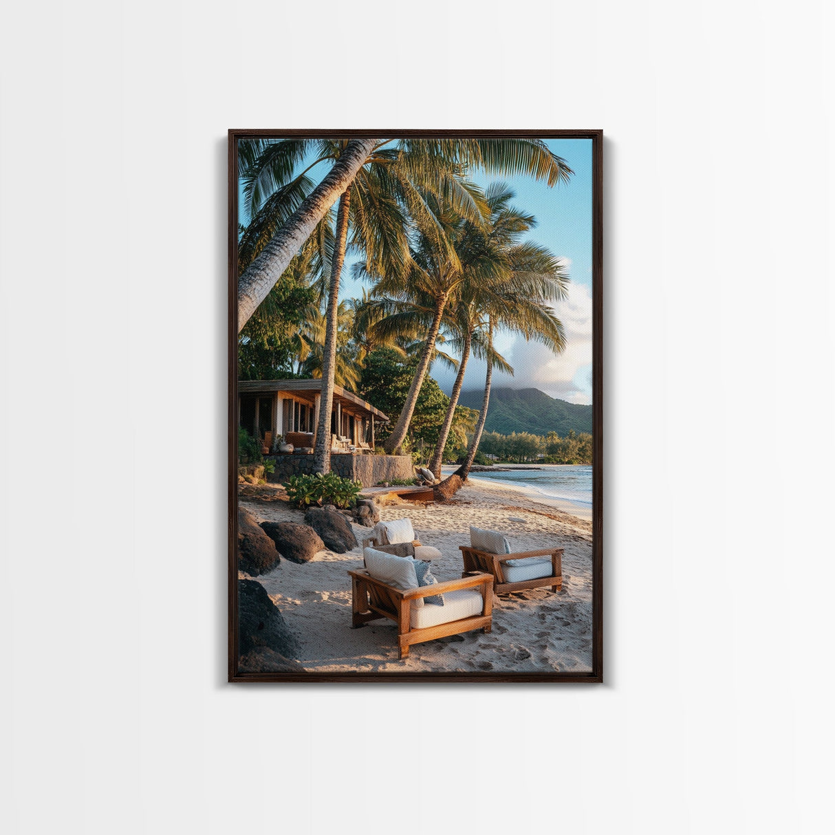 Vibrant Palm Tree Beach Framed Canvas Print – Coastal Decor Wall Art, Hawaiian Landscape Painting, Tropical Nautical Wall Art
