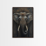 Ornate Elephant Kerala Mural Framed Canvas Print – Ganesh Wall Art, Sacred Geometry Art, Indian Inspired Decor Rustic Living Room Art