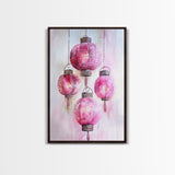Pink Lanterns Framed Canvas Print, Chinoiserie Wall Art, Cozy Living Room Decor, Boho Aesthetic, Vertical Oriental Light Pink Wall Art