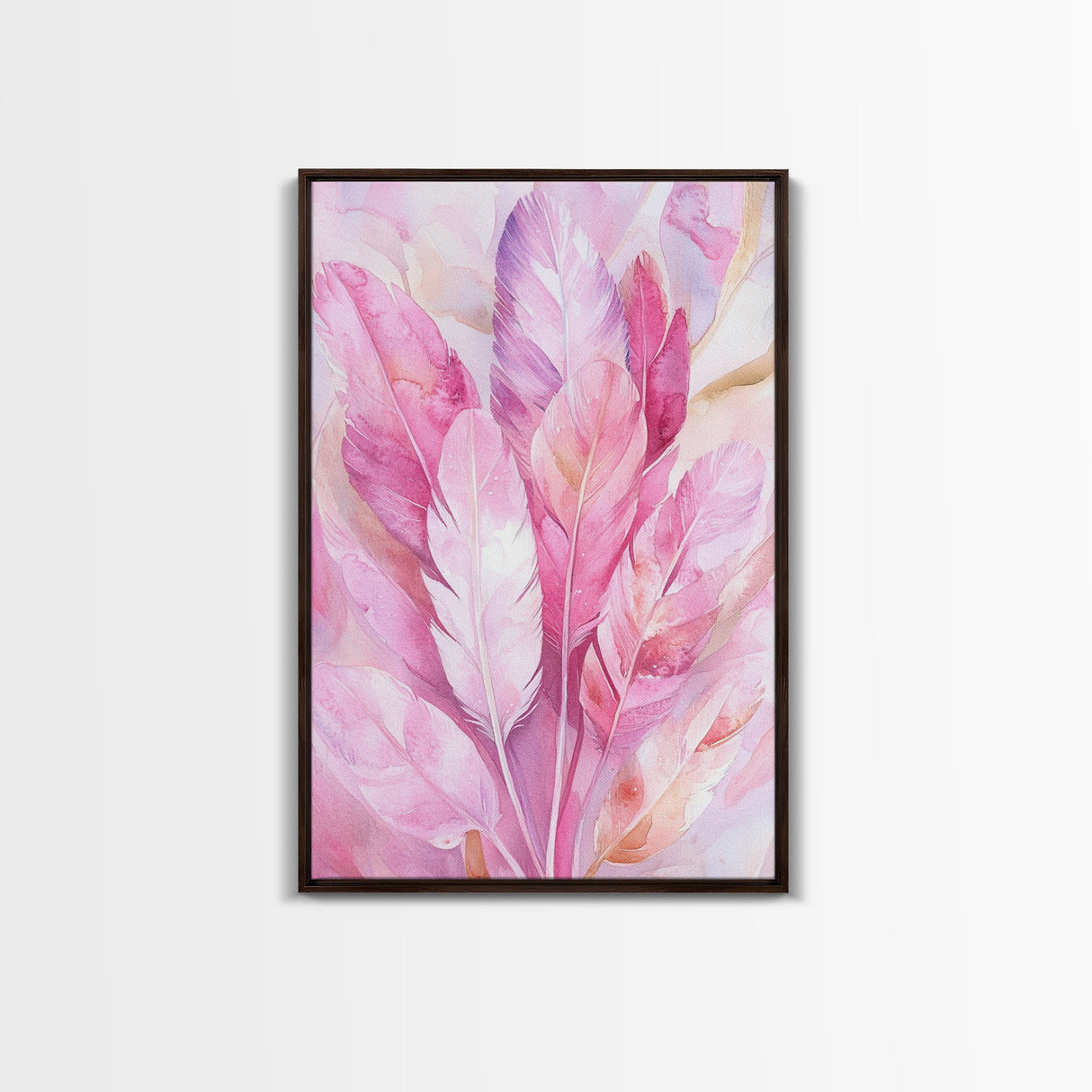 Feather Bouquet Framed Canvas Print, Light Pink Wall Art, Boho Aesthetic Minimalist Art, Bedroom or Office Decor, Romantic Nature Gift Idea