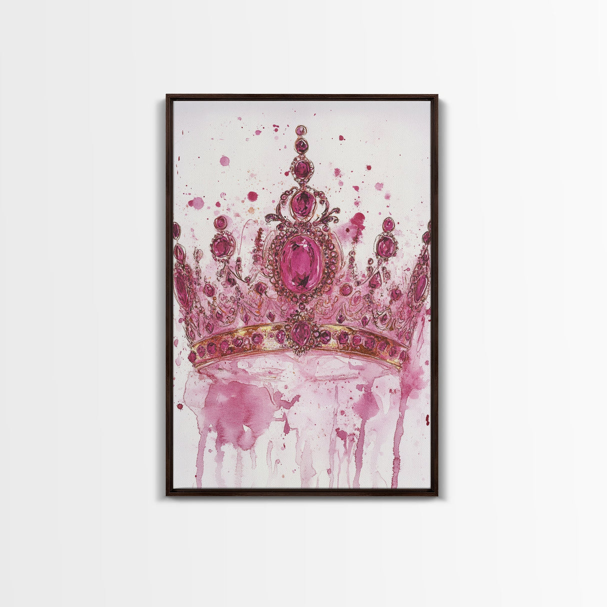 Regal jeweled crown painting featuring framed canvas print, moody art, pink wall art for dorm, unique goddess art print decor