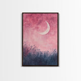 Crescent moon painting on framed canvas print, moody art, pink abstract art, cherry blossom painting, vertical wall art decor