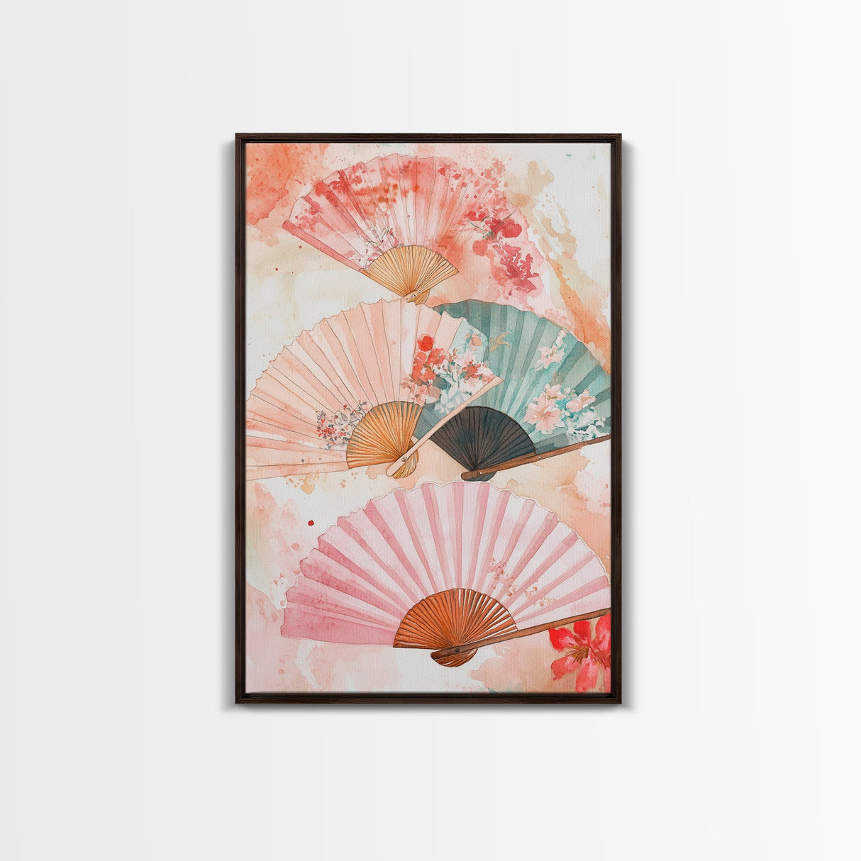 Japanese Fan Art Canvas Print Cherry Blossom Painting Chinoiserie Wall Art Boho Decor Vertical Wall Art Gift Idea Original