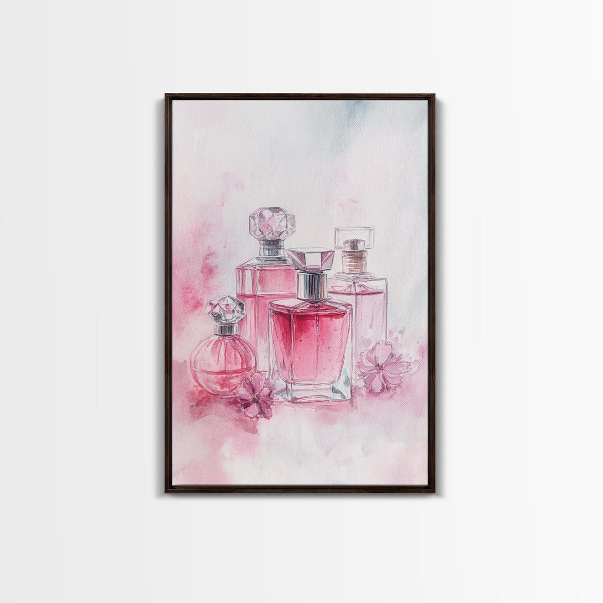 Elegant Pink Perfume Bottles Framed Canvas Print, Feminine Bathroom Art Light Pink Decor, Whimsical Gift Idea for Her Room