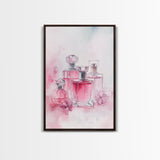 Elegant Pink Perfume Bottles Framed Canvas Print, Feminine Bathroom Art Light Pink Decor, Whimsical Gift Idea for Her Room