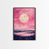 Moonlit Sky over Lake Framed Canvas Print, Pink Night Landscape Painting Coastal Wall Art, Minimalist Bedroom or Guest Room Decor