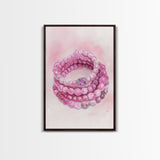 Pink Gemstone Bracelet Painting Framed Canvas Print, Whimsical Jewelry Art Light Pink Decor, Feminine Bedroom or Gift Aesthetic