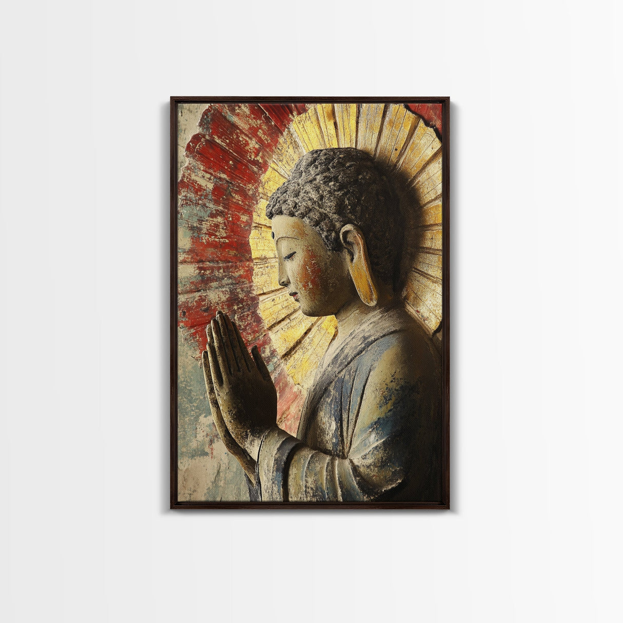 Buddha Prayer Sculpture Framed Canvas Print Zen Wall Art Rustic Decor Sacred Geometry Wall Art Therapy Art Living Room Art Buddha Art